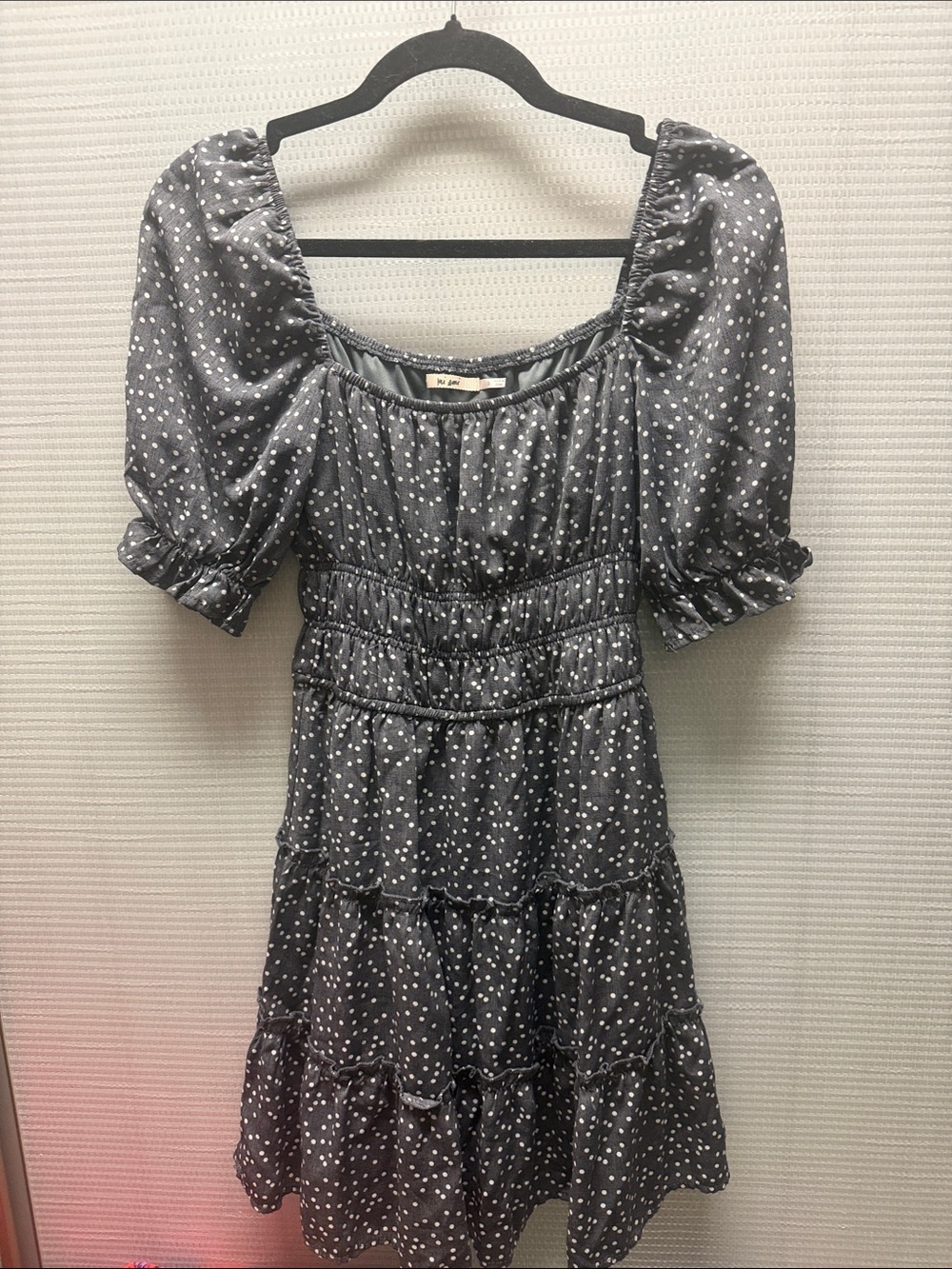 miami Charcoal Gray Polka Dot Puff Sleeve Tiered Mini